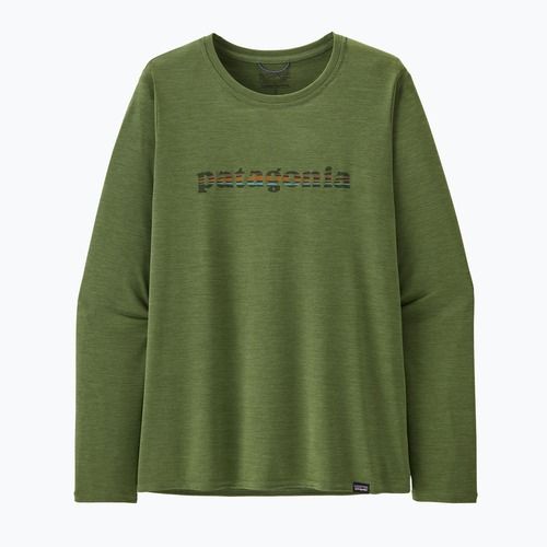 Dámske grafické tričko Patagonia Cap Cool Daily 73 text logo/terrain green x-dye longsleeve