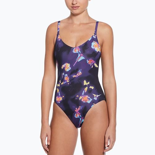 Nike Floral Blur V-Neck dámske jednodielne plavky čierne