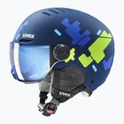 Detská lyžiarska prilba UVEX Rocket Visor Jr blue puzzle matt/mirror blue/smoke