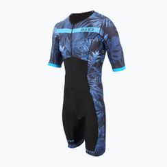 Pánsky triatlonový oblek ZONE3 Activate+Tropical Palm s krátkym rukávom a celoprepínacím zipsom navy/blue
