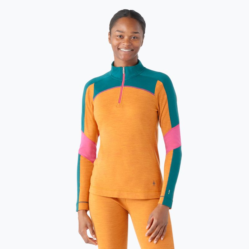 Dámske termoaktívne tričko Smartwool Merino Baselayer Colorblock s dlhým rukávom a 1/4 zipsom v krabici marmalade