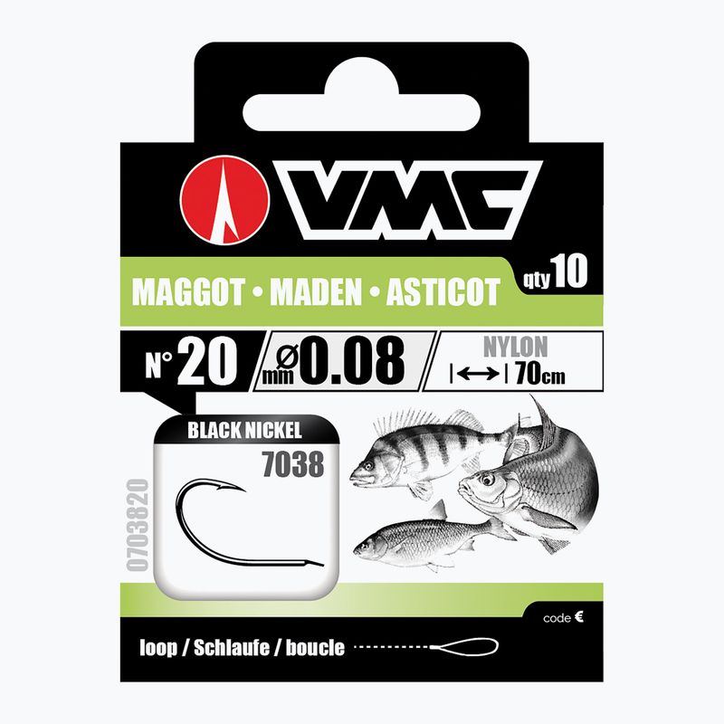 VMC Maggot methode leader loop hook with barb + line 10 ks black nickel 703810