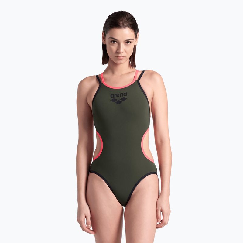 Dámske jednodielne plavky arena One Double Cross Back One Piece dark sage/black/fluo red 4