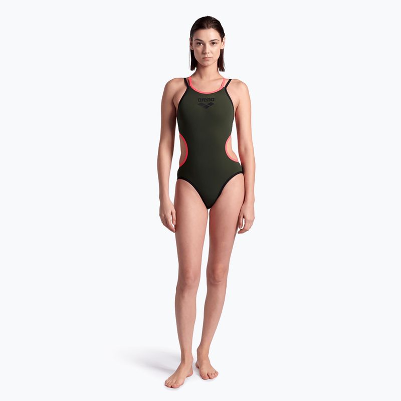 Dámske jednodielne plavky arena One Double Cross Back One Piece dark sage/black/fluo red 5