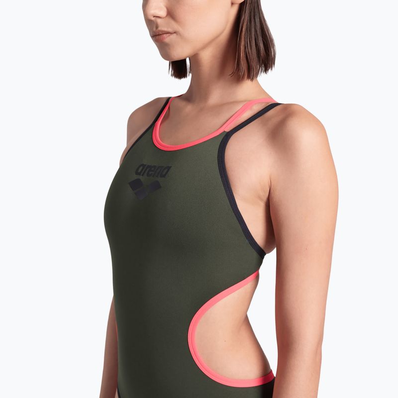 Dámske jednodielne plavky arena One Double Cross Back One Piece dark sage/black/fluo red 7