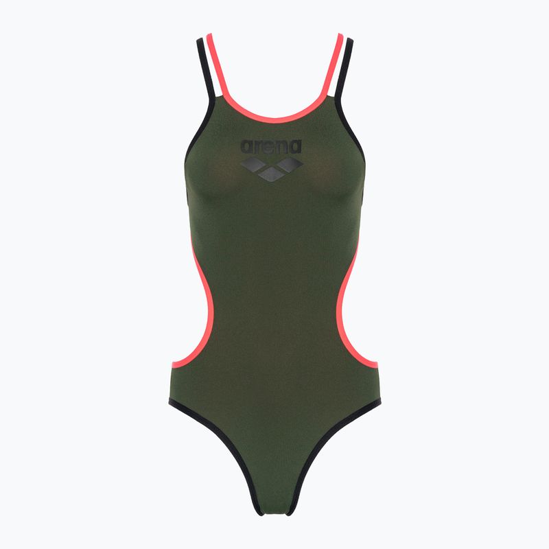 Dámske jednodielne plavky arena One Double Cross Back One Piece dark sage/black/fluo red