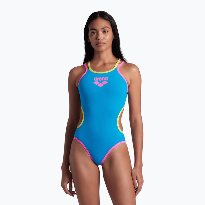 Dámske jednodielne plavky arena One Double Cross Back One Piece tyrkysová/fluo ružová/jemne zelená 6