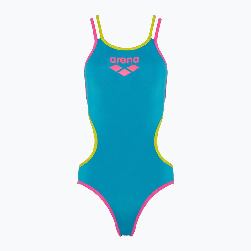 Dámske jednodielne plavky arena One Double Cross Back One Piece tyrkysová/fluo ružová/jemne zelená