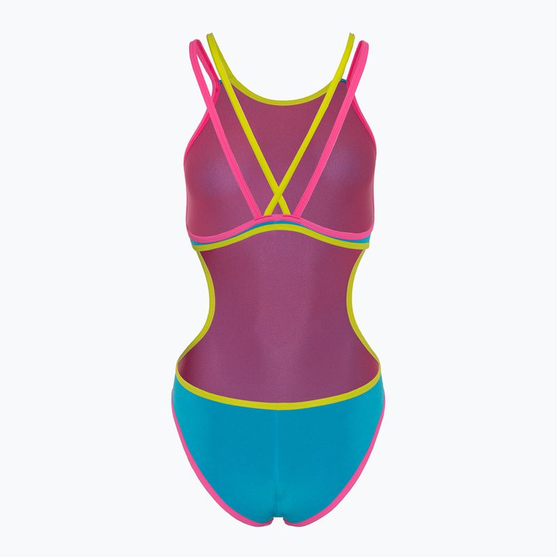 Dámske jednodielne plavky arena One Double Cross Back One Piece tyrkysová/fluo ružová/jemne zelená 2