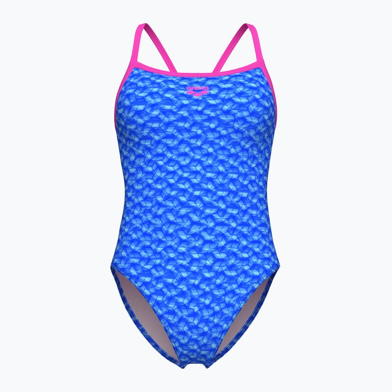 Dámske jednodielne plavky arena Monogram Challenge back blue river multi/shocking pink