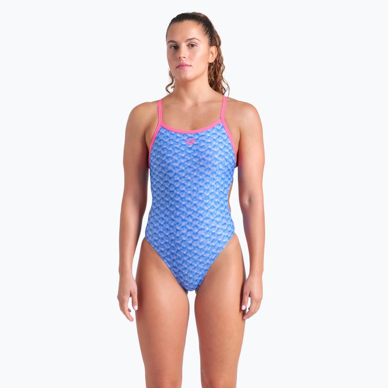 Dámske jednodielne plavky arena Monogram Challenge back blue river multi/shocking pink 5