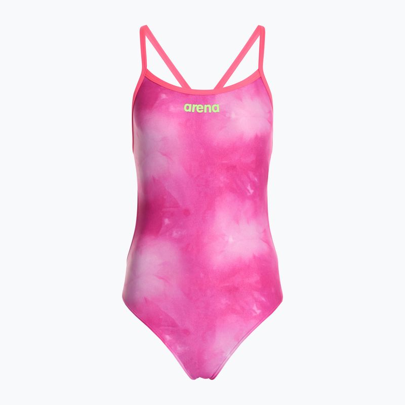 Dámske jednodielne plavky arena Tie-Dye Challenge Back Allover shocking pink multi/shocking pink