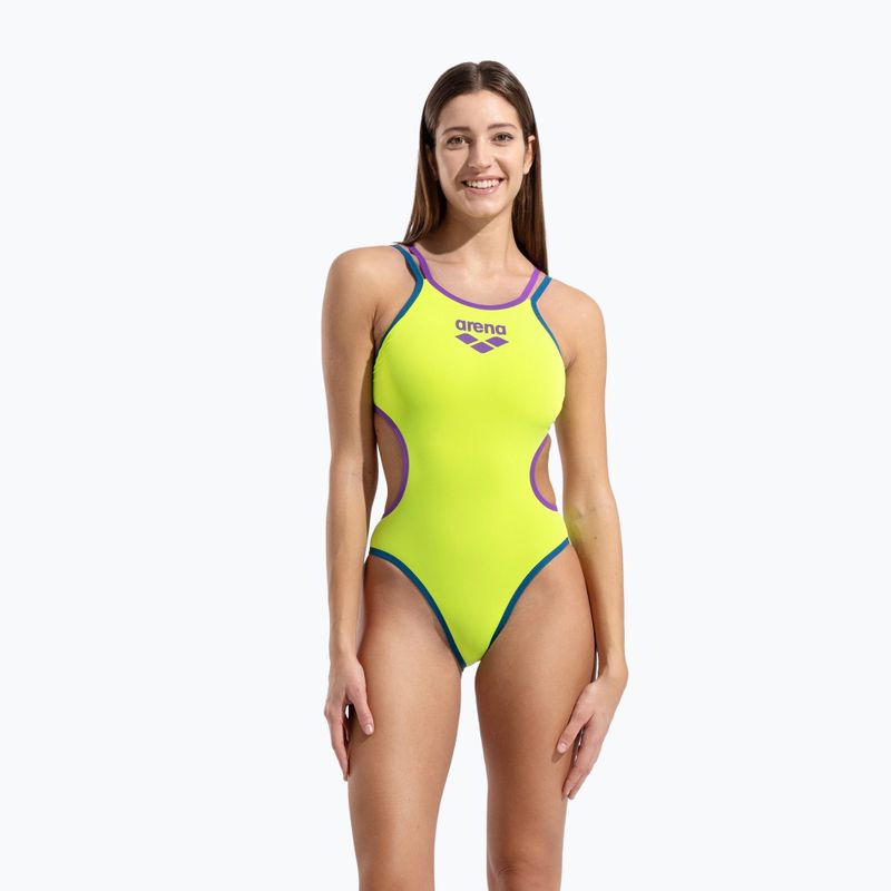 Dámske jednodielne plavky arena One Double Cross Back One Piece artic lime/plum/blue cosmo 5