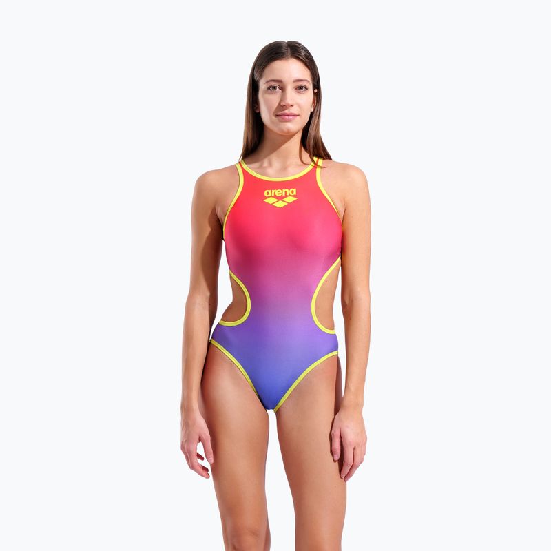 Dámske jednodielne plavky arena One Shaded Print Tech One Back bright coral royal multi/soft green 5