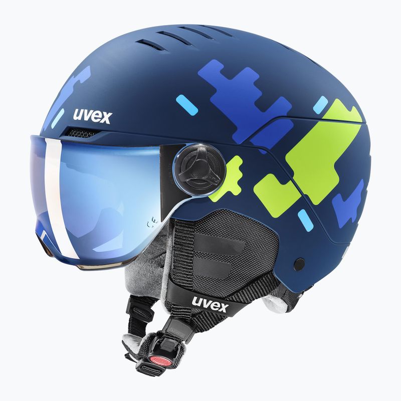 Detská lyžiarska prilba UVEX Rocket Visor Jr blue puzzle matt/mirror blue/smoke