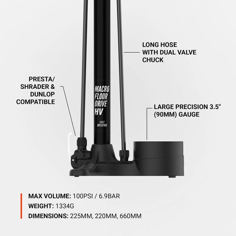 Cyklistická pumpa Lezyne Macro HV Floor Drive DV 100psi plochá čierna 6