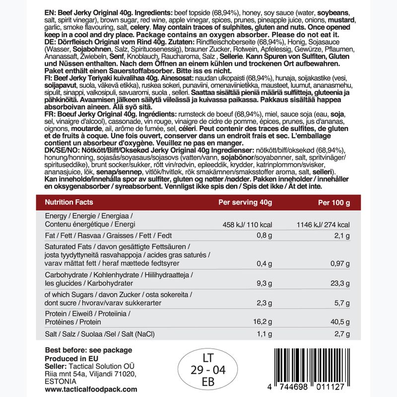Sušené hovädzie mäso Tactical Foodpack Beef Jerky Original 40 g 2