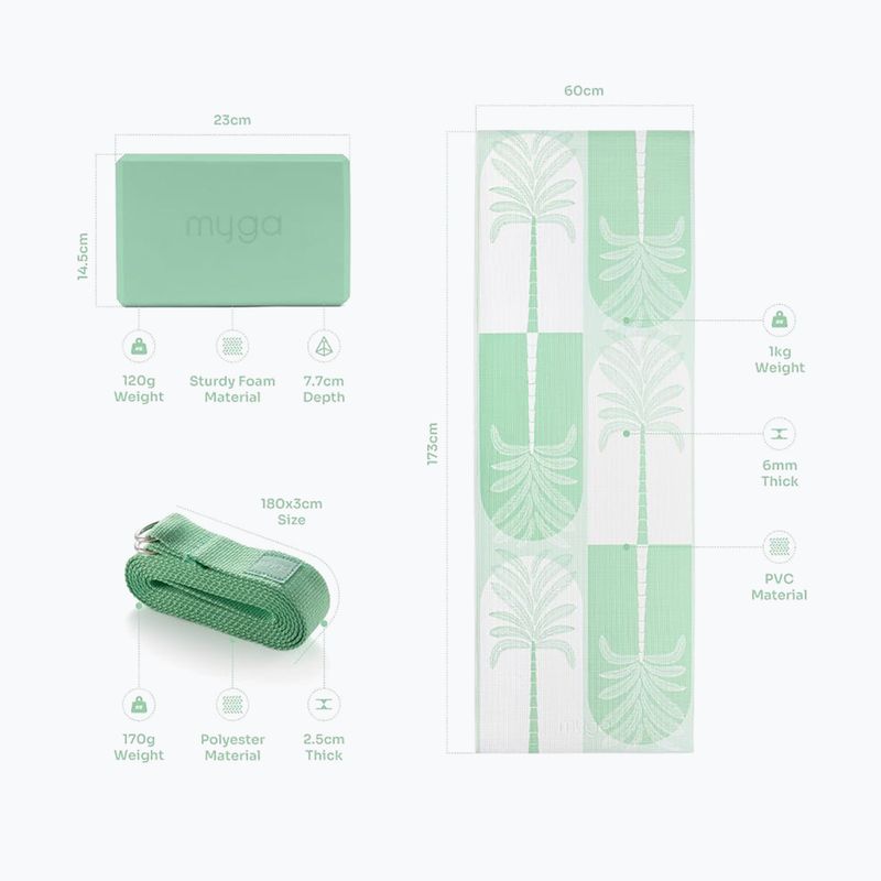 Súprava na jogu Myga Sage Palm Yoga Set mat + block + green strap 13