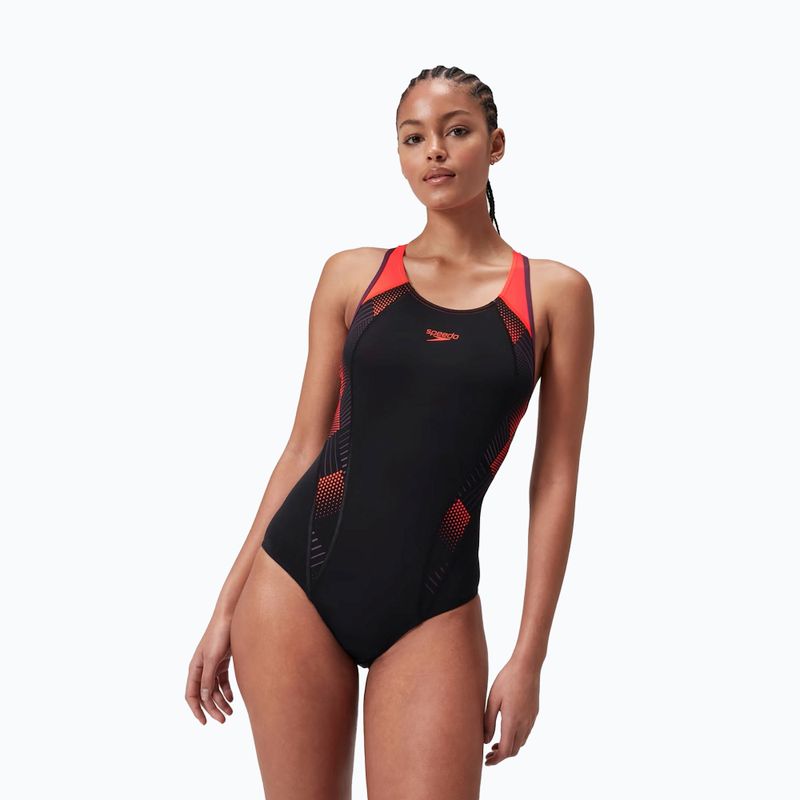 Jednodielne plavky Speedo Placement Laneback black/siren red/plum dandy 6