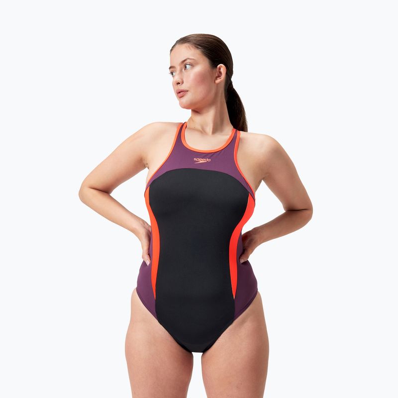 Jednodielne plavky Speedo High Neck Splice Cross Back black/plum dandy/siren red 5