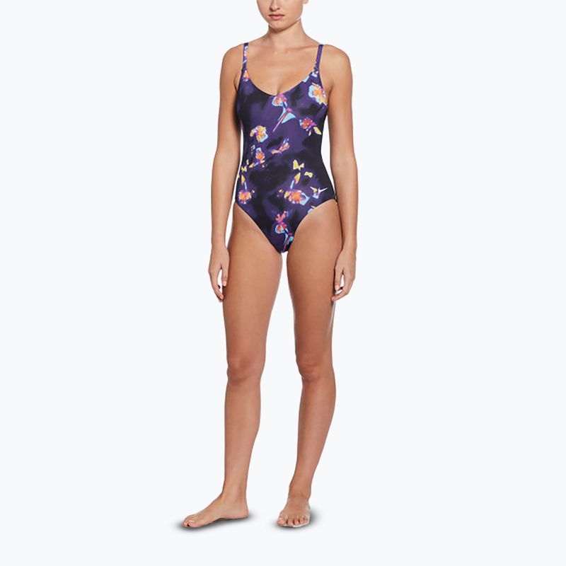 Nike Floral Blur V-Neck dámske jednodielne plavky čierne 2