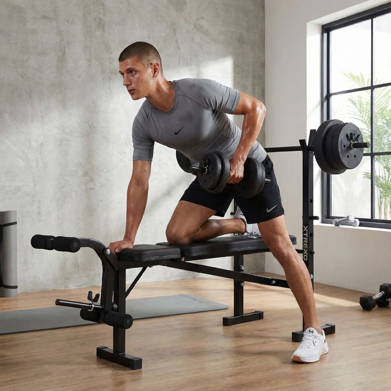 Posilňovacia lavica XTREXO BenchFit Lite so stojanom a činkou black 4