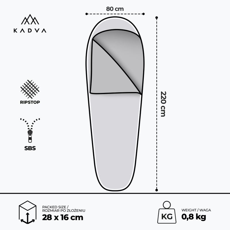 Spací vak KADVA Light 800 L ľavý sivý 3