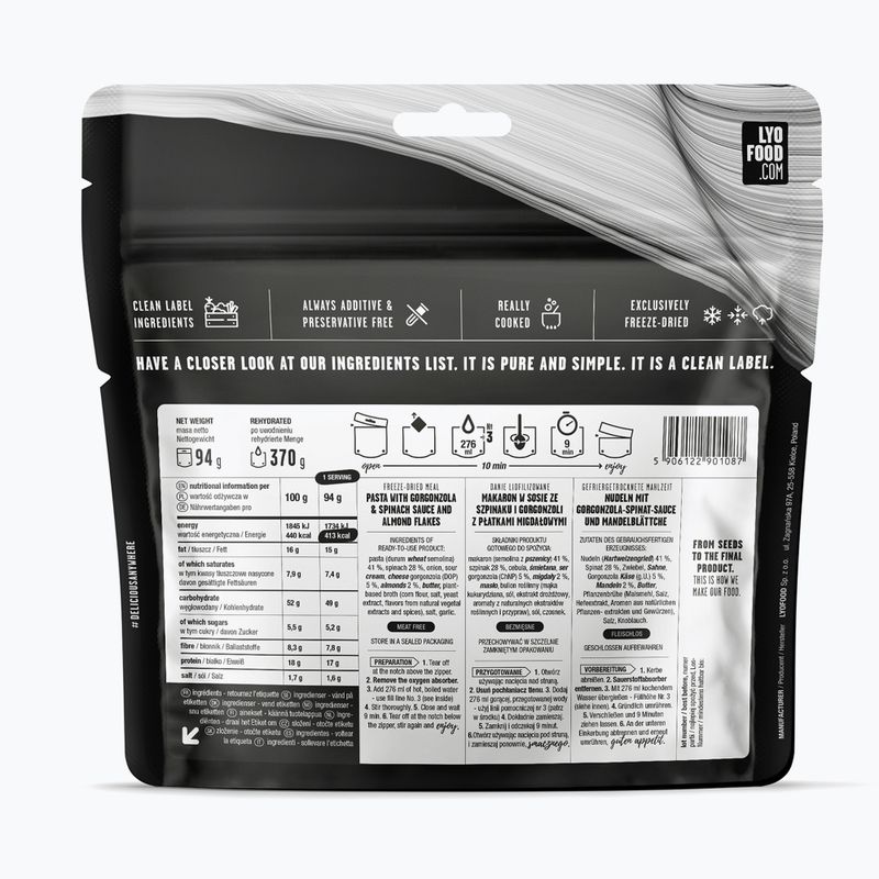 Mrazom sušené potraviny LYOFOOD Farfalle so špenátom a gorgonzolou 370 g 2