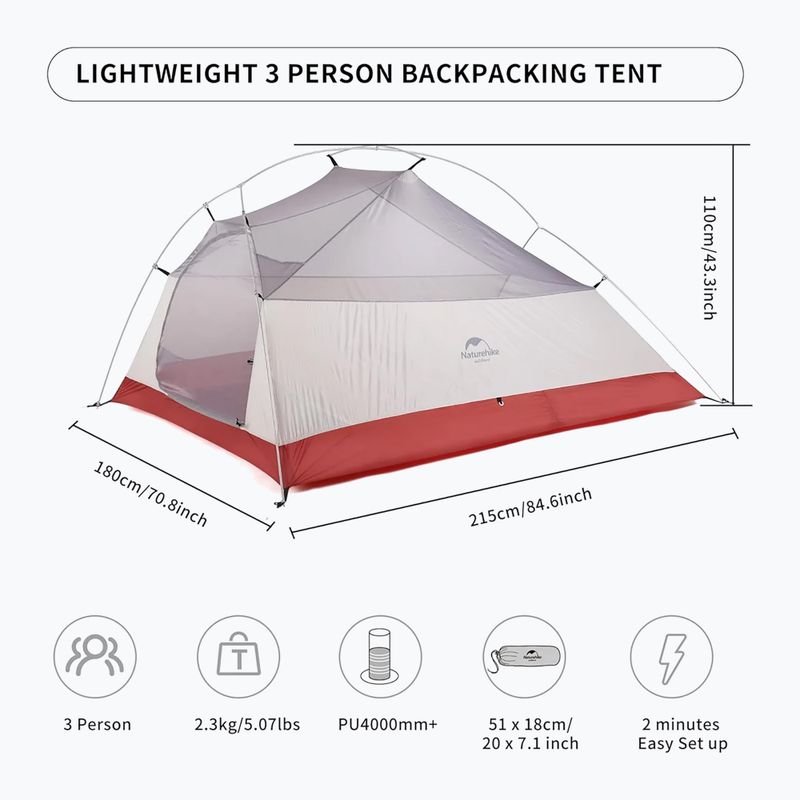 Trekingový stan 3 - miestny Naturehike Updated Cloud Up 3 light grey/red 6