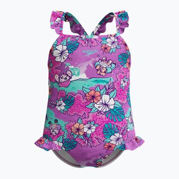Detské jednodielne plavky Speedo Learn To Swim Detské Printed Frill Thinstrap neon violet