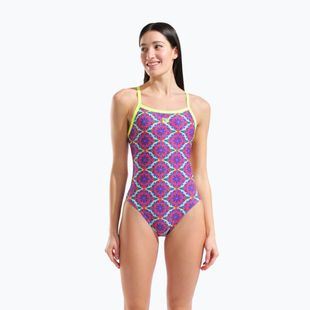 Dámske jednodielne plavky arena Floral Challange Back violet multi/artic lime