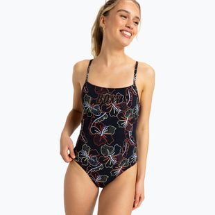 Dámske jednodielne plavky ROXY Active Basic Printed anthracite athletic hibiscus