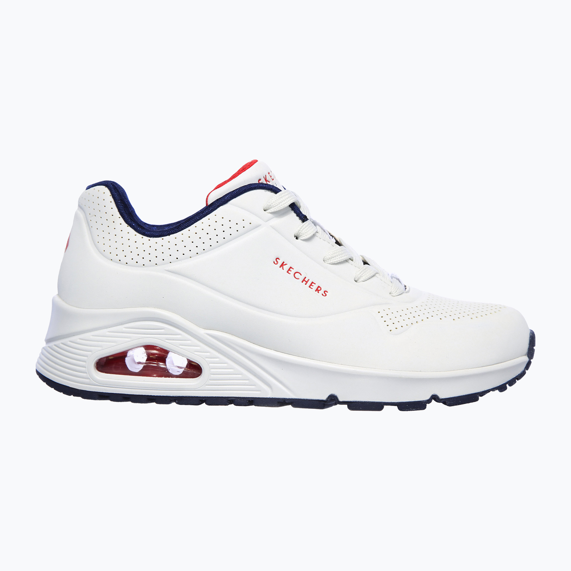 Dámske topánky SKECHERS Uno Stand On Air white durabuck/navy/red trim/mesh (Uno Stand On Air 73690 WNVR)