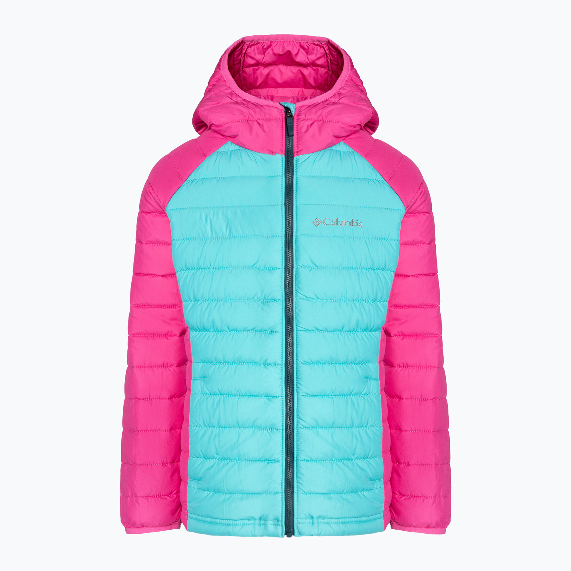 Columbia Powder Lite Detská páperová bunda s kapucňou geyser/pink ice (Powder Lite Hooded 1802931338)