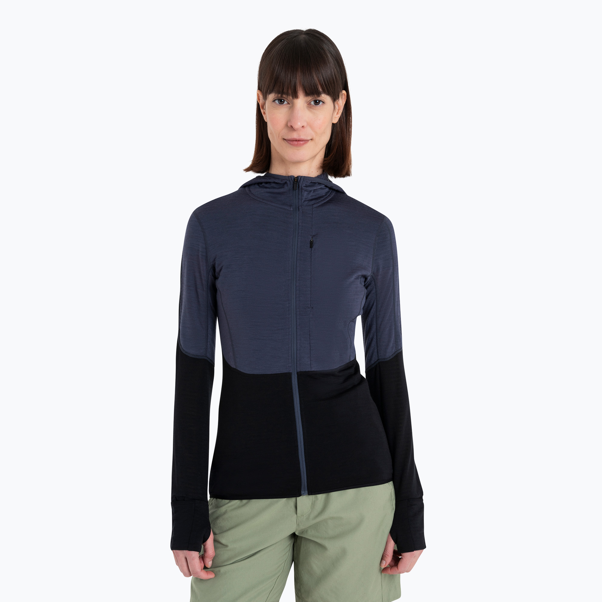 Dámska trekingová bunda Icebreaker Merino 200 Realfleece Descender Zip Hoodie graphite/black (Merino 200 Realfleece Descender Zip Hoodie IBBA56YNA631)