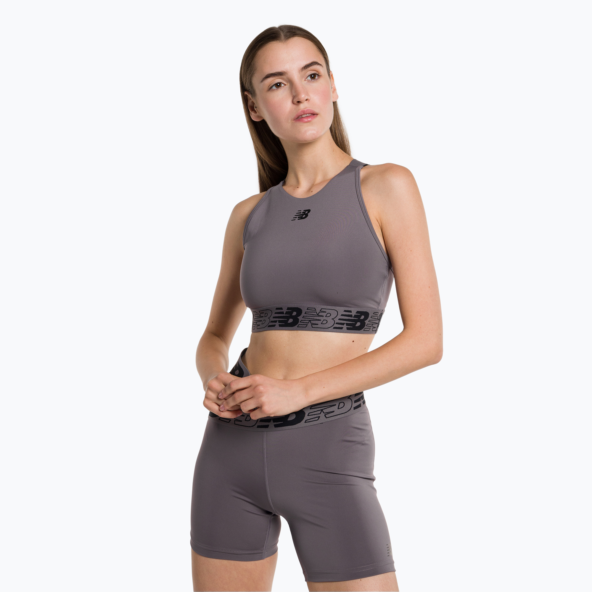 New Balance Relentless Crop šedá fitness podprsenka NBWB31175ZNC (Relentless Crop Bra WB31175ZNC)
