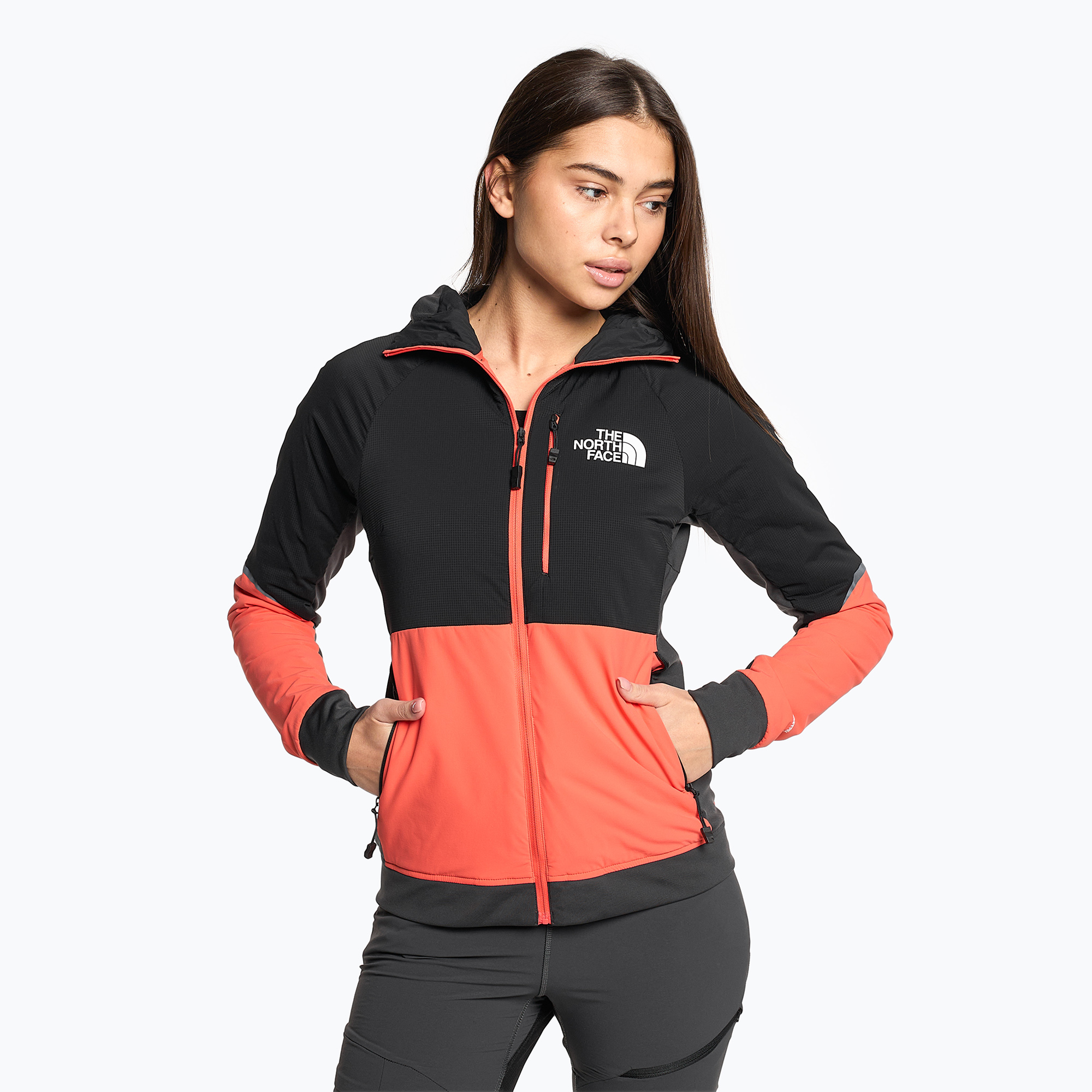 Dámska páperová bunda The North Face Dawn Turn Hybrid Ventrix Hoodie radiant orange/black/asphalt grey (Dawn Turn Hybrid Ventrix Hoodie NF0A7Z91)