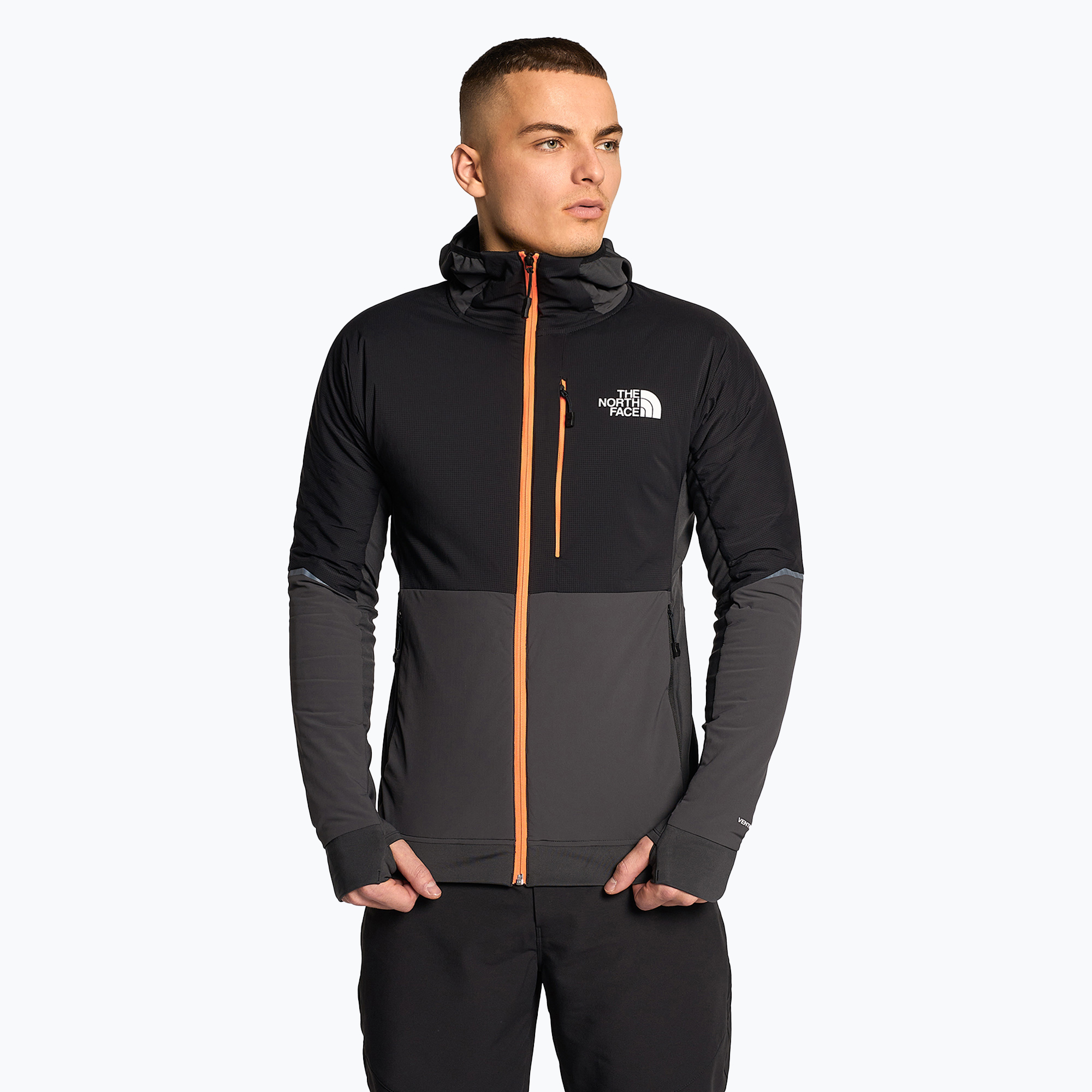 Pánska lyžiarska bunda The North Face Dawn Turn Hybrid Ventrix Hoodie asphalt grey/black/shocking orange (Dawn Turn Hybrid Ventrix Hoodie NF0A7Z8P)
