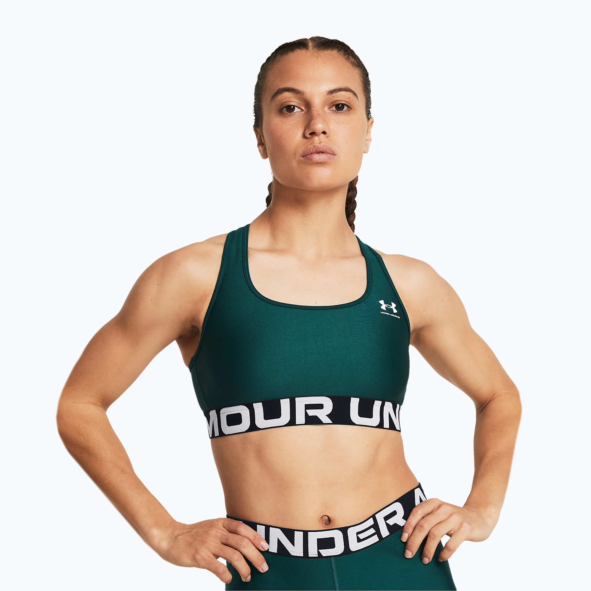 Podprsenka Under Armour HG Authentics Mid Značková hydro teal/white fitness (HG Authentics Mid Branded 1383544-449)