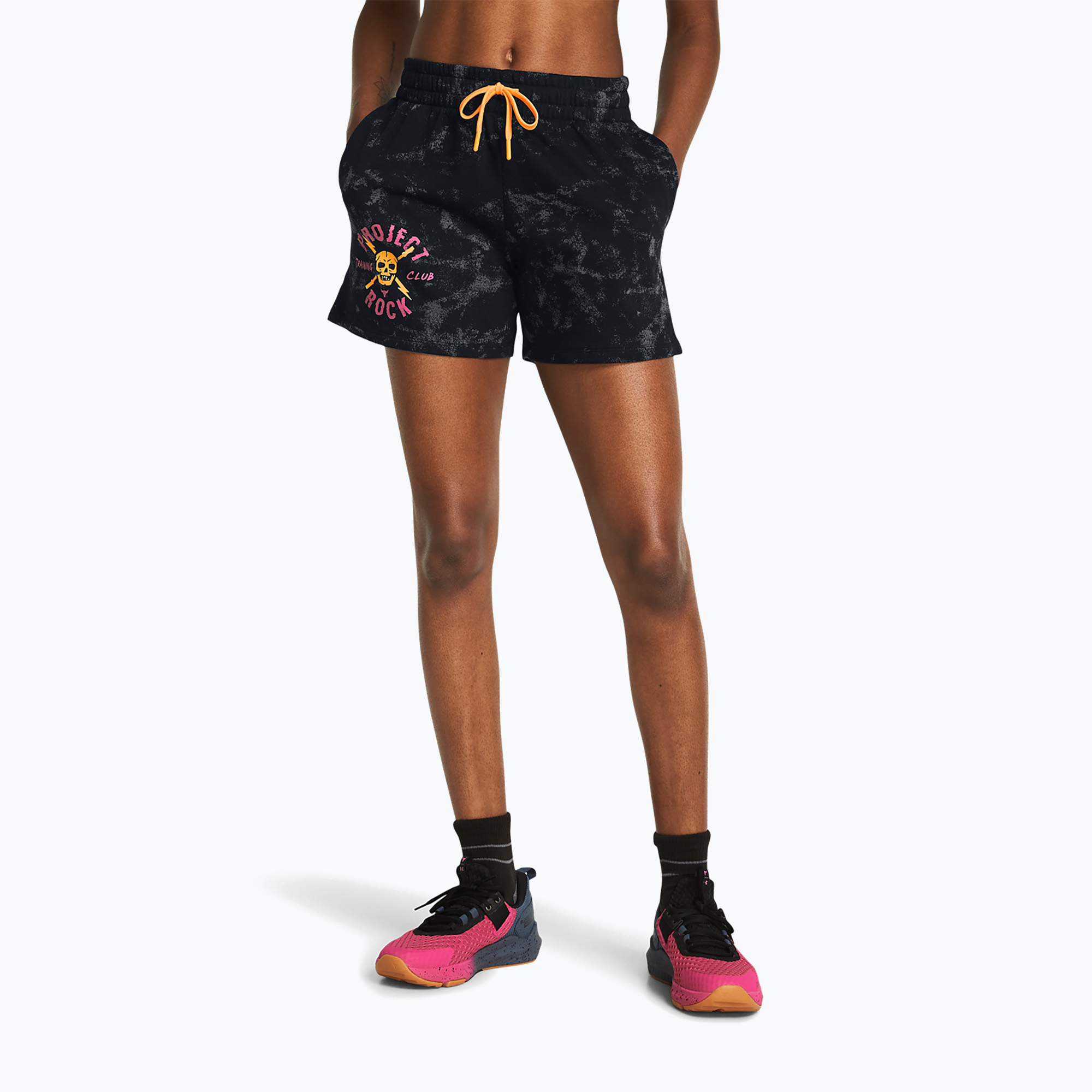 Dámske tréningové šortky Under Armour Project Rock Underground Terry black/nova orange/white (Project Rock Underground Terry 1382712)