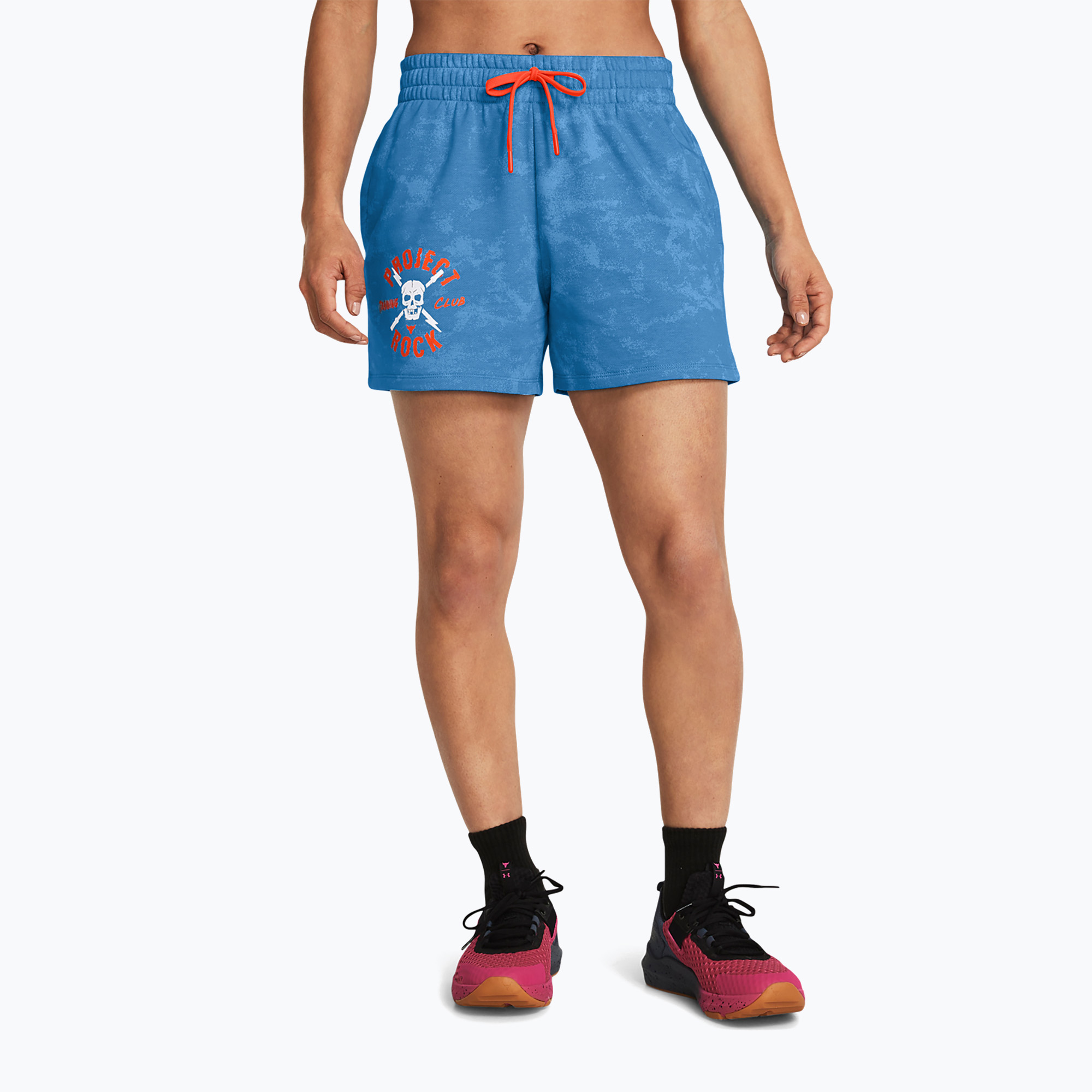 Dámske tréningové šortky Under Armour Project Rock Underground Terry viral blue/phoenix/white (Project Rock Underground Terry 1382712)