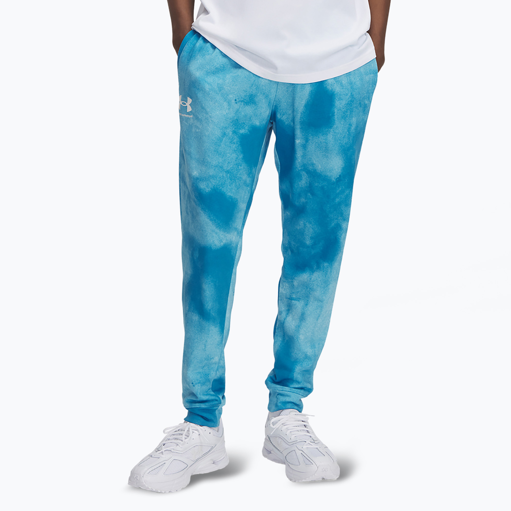 Pánske nohavice Under Armour Rival Terry Jogger s potlačou ether blue/onyx white (Rival Terry Printed Jogger 1390143-452)