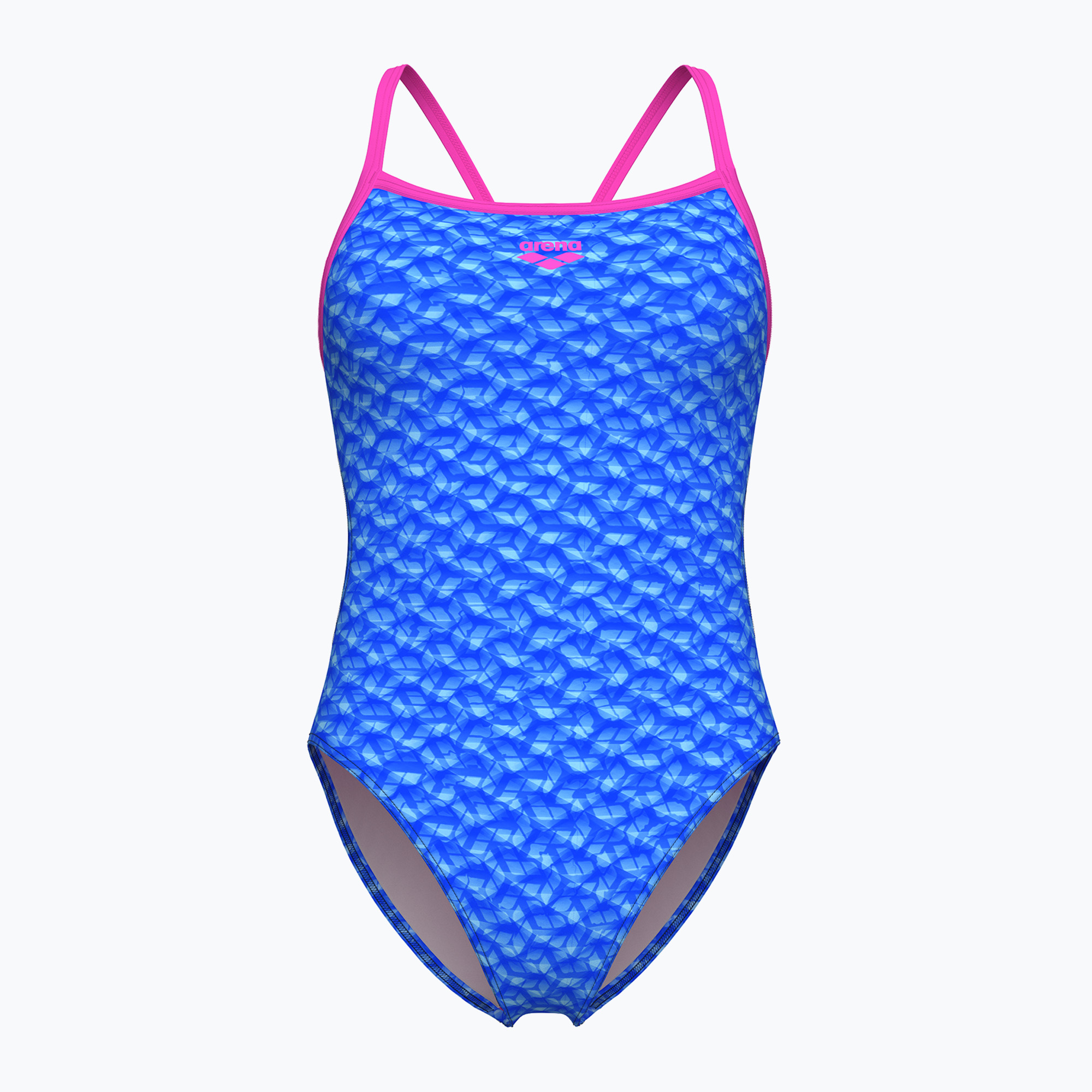 Dámske jednodielne plavky arena Monogram Challenge back blue river multi/shocking pink (Monogram Challenge Back 008946/890)