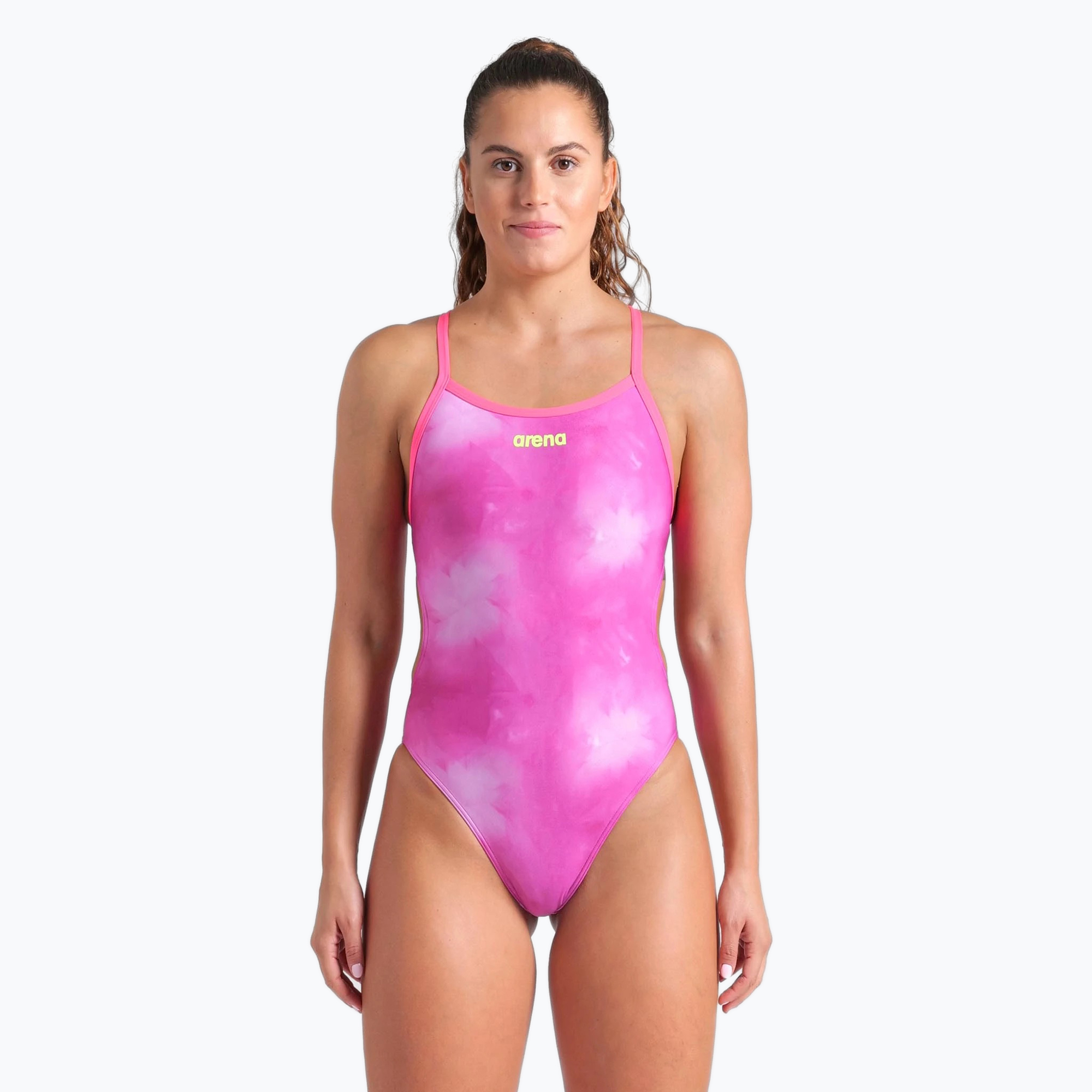 Dámske jednodielne plavky arena Tie-Dye Challenge Back Allover shocking pink multi/shocking pink (Tie-Dye Challenge Back Allover 010023/909)