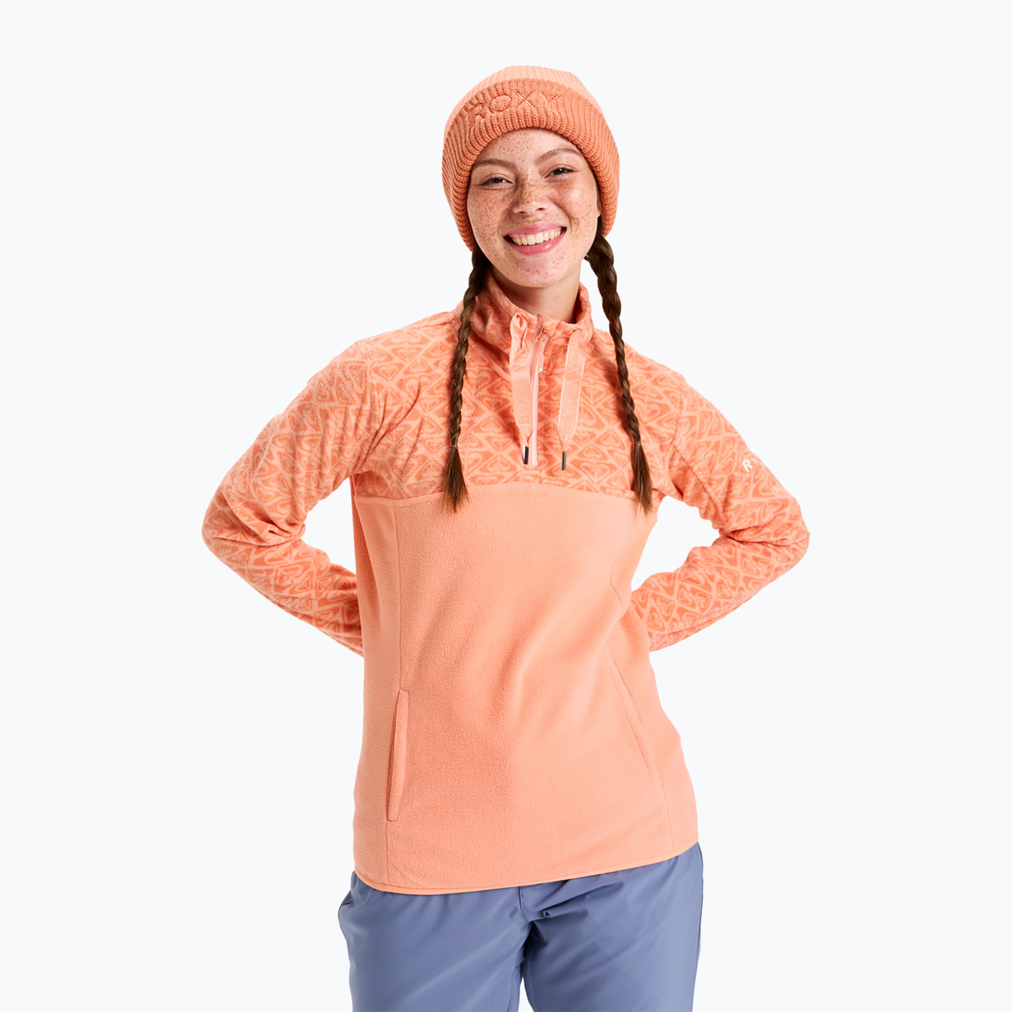 Dámska mikina ROXY Sayna Half Zip peach pink roxygram tonal (Sayna Half Zip ERJFT04831-MGK4)