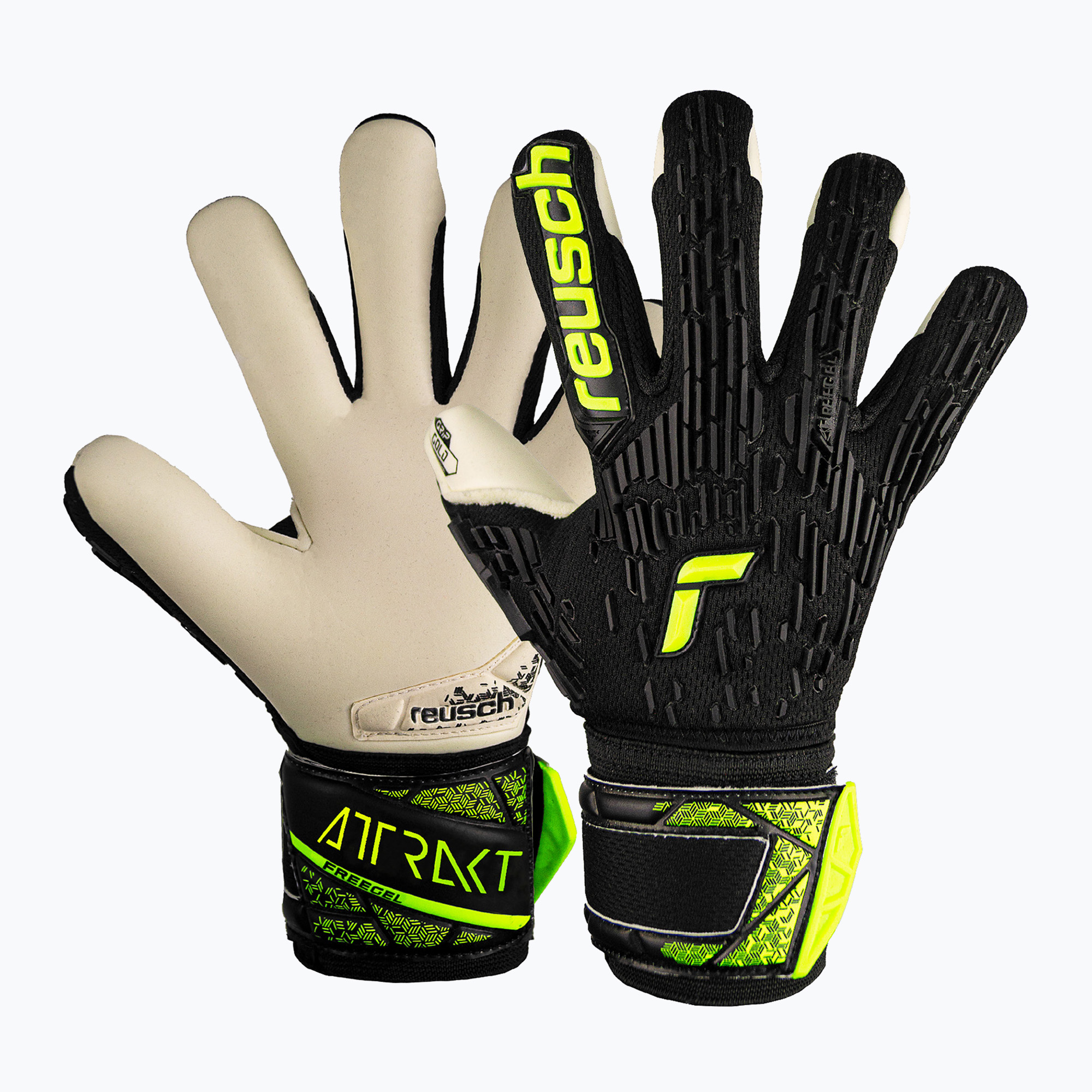 Reusch Attrakt Freegel Gold Finger Support Junior brankárske rukavice čierna/bezpečne žltá (Attrakt Freegel Gold Finger Support Junior 5472130)