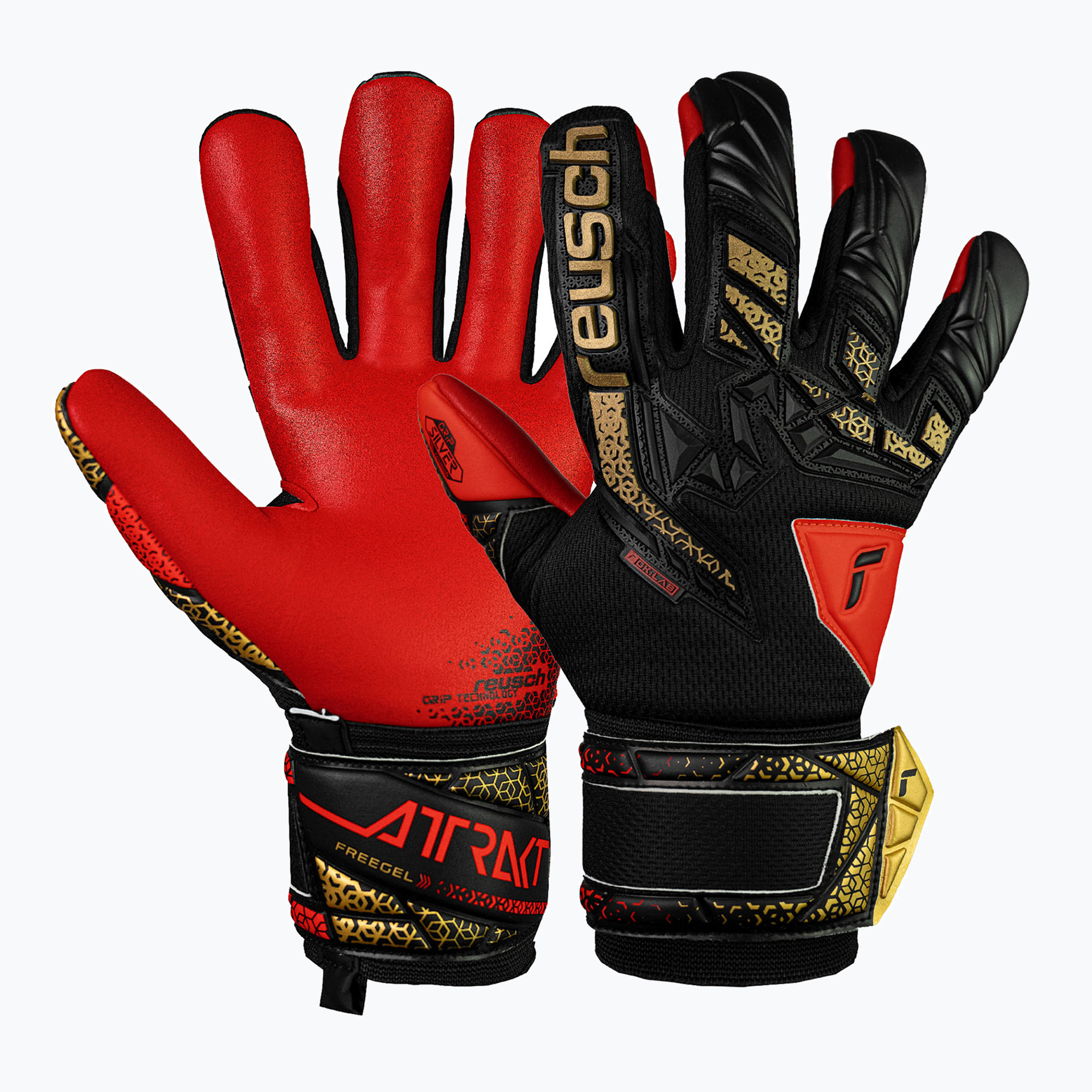 Detské brankárske rukavice Reusch Attrakt Freegel Silver Junior black/gold/firery red