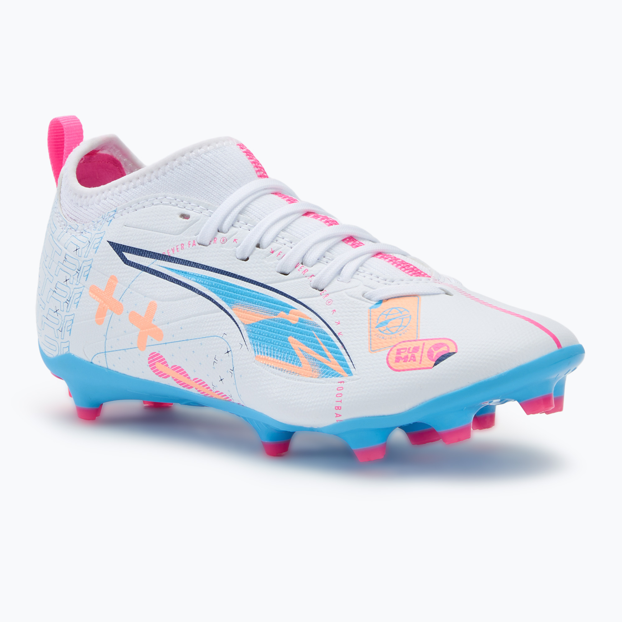 Detské kopačky PUMA Ultra 5 Match Vol. Up FG/AG Jr puma white/luminous blue (Ultra 5 Match Vol. Up FG/AG Jr 108065 01)