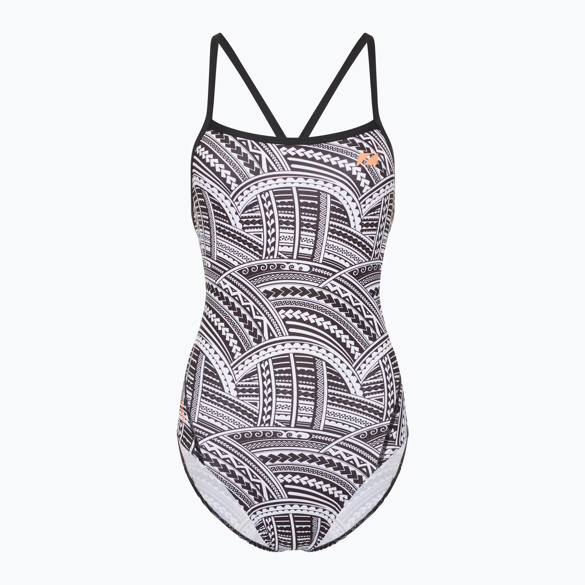 Dámske jednodielne plavky ZONE3 Kona Speed Strap Back tribal print/black/ white/orange