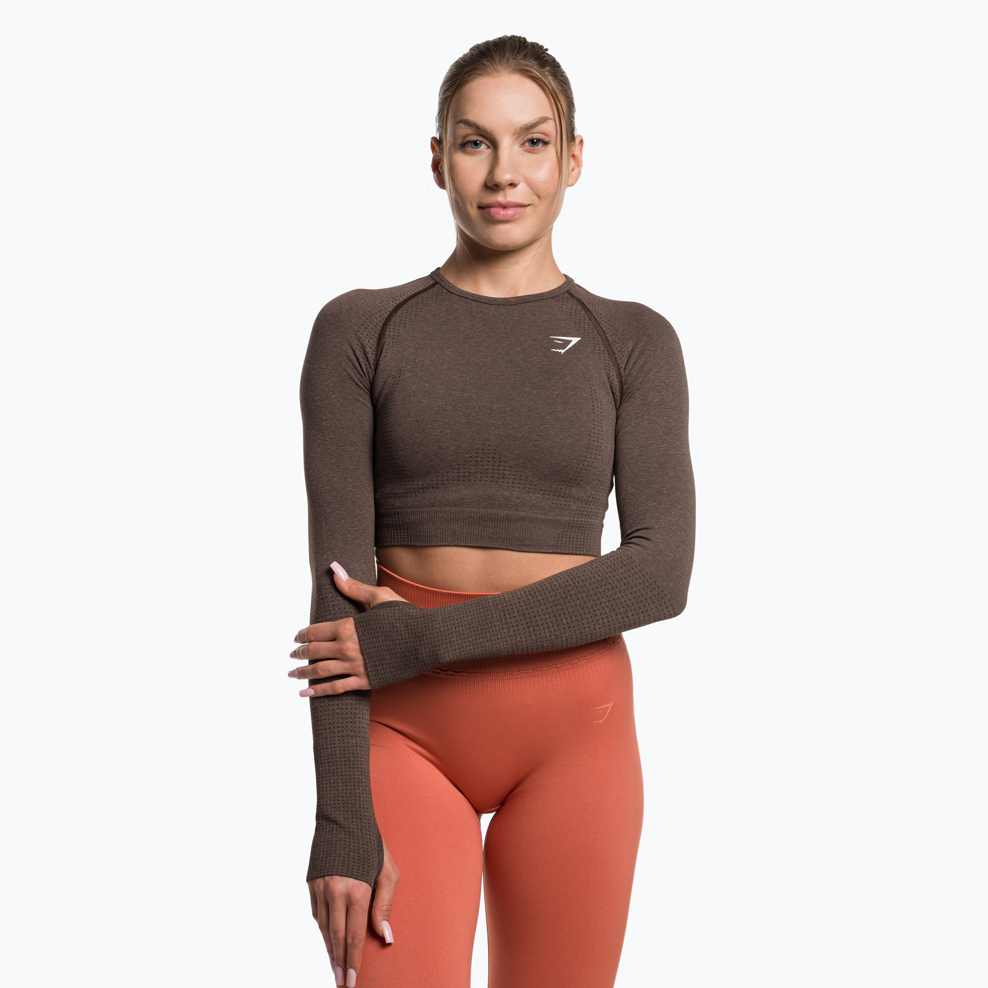 Dámsky tréningový top s dlhým rukávom Gymshark Vital Seamless Crop Top penny brown marl (Vital Seamless Crop Top B1A3D-NBBW-AI1)